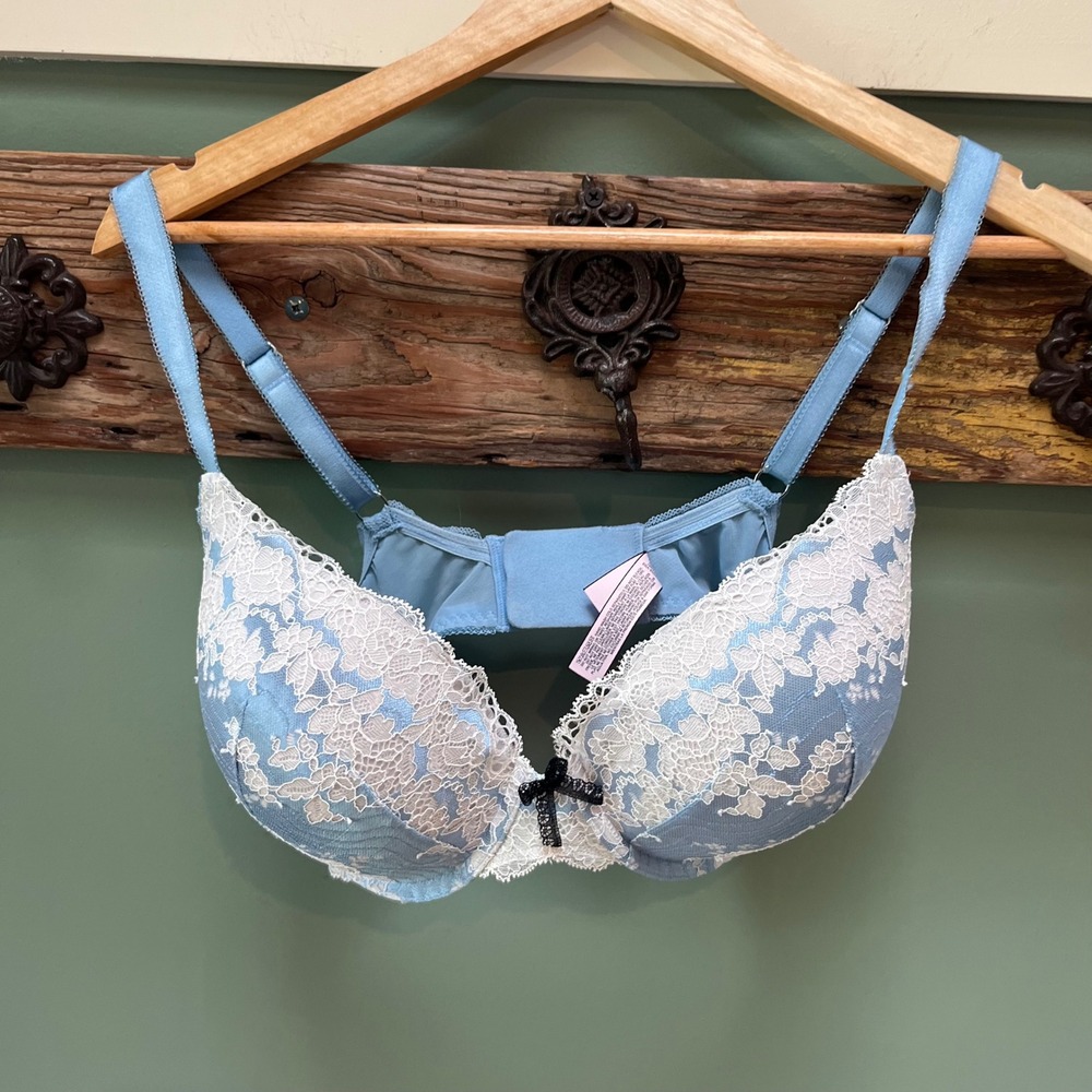 Victoria's Secret Dream Angels Perfect Coverage Bra 34DDD Blue White Floral Lace